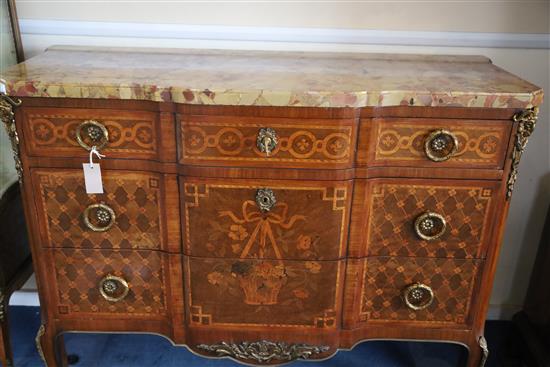 An early 20th century French Transitional style marquetry breakfront commode, W.4ft D.1ft 7.5in. H.2ft 11.5in.